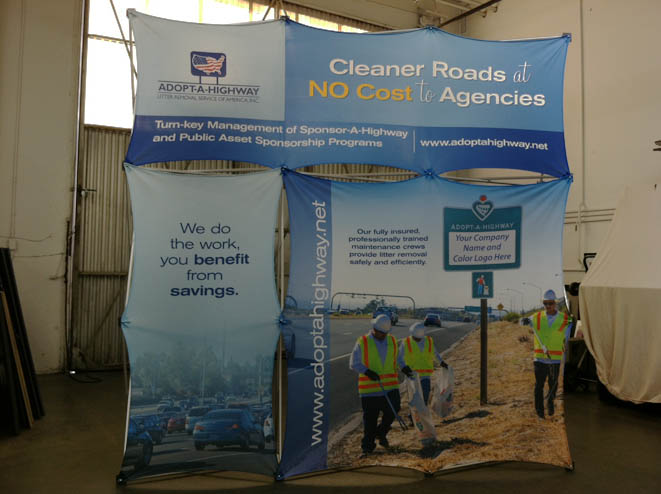 3D collage fabric structure with interchangable graphic flags. Printed on wrinkle free stretch fabric.